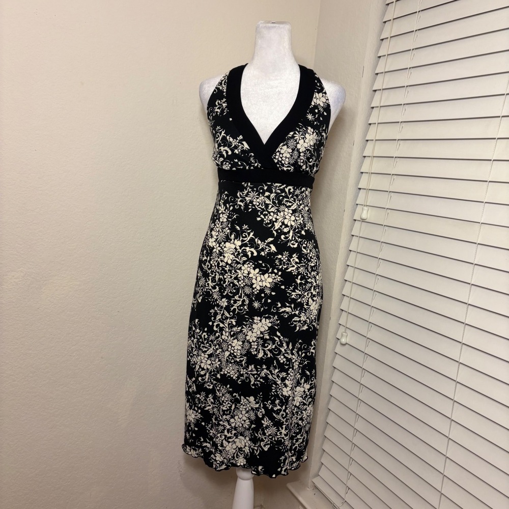 Vtg 90s indie La Belle Sz M black white floral paisley halter sundress